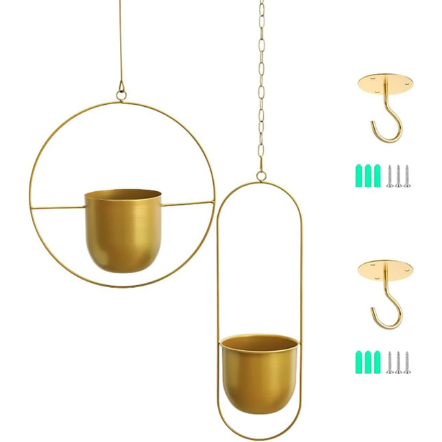 2pcs Gold Iron Hanging Planter Circle Oval Flower Pot for Indoor Outdoor Decor