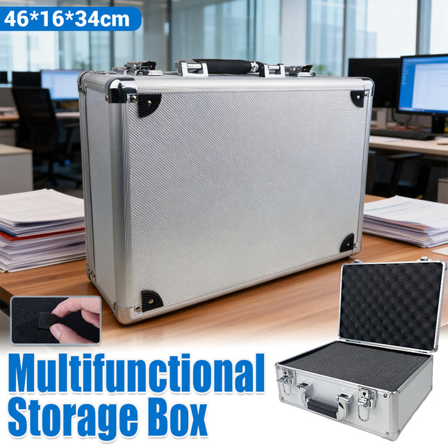 Portable aluminium storage case 46x16x34cm with foam insert - multifunctional tool equipment organiser box