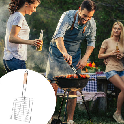 Barbecue Net Clamp Iron Wire Mesh with Wooden Handle for Camping Grill