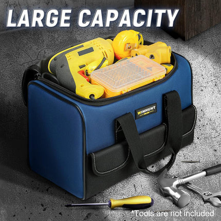 Large capacity Oxford cloth tool bag filled with power tools and accessories - heavy duty hand carry storage bag for tradies