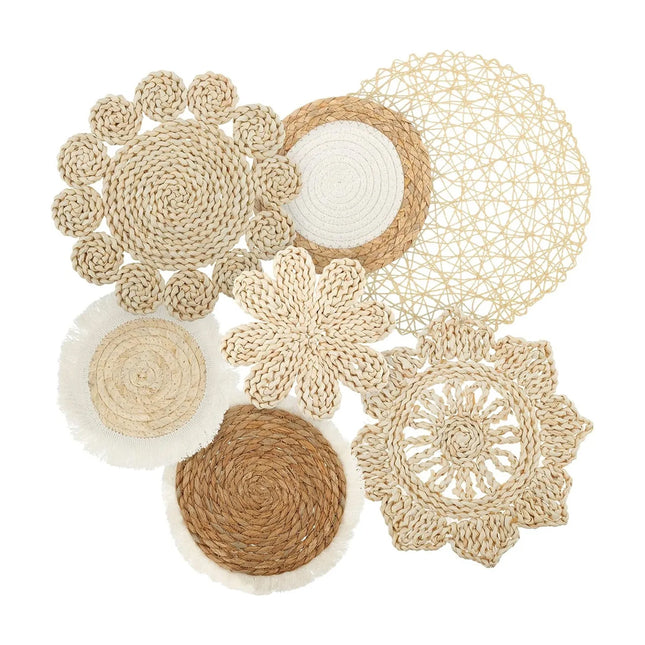 Boho Wall Decor Set 7PCS Handwoven Natural Rattan Cotton Living Room Porch