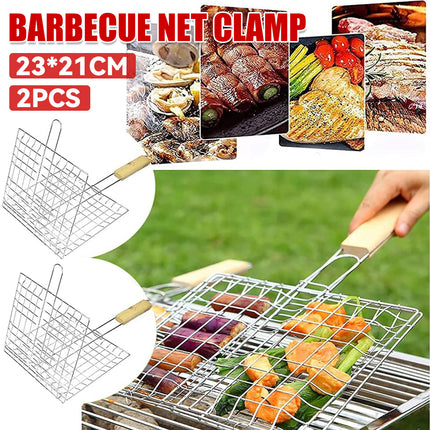 2PCS Iron Barbecue Net Clamp with Wooden Handle Durable for Outdoor Cooking Use