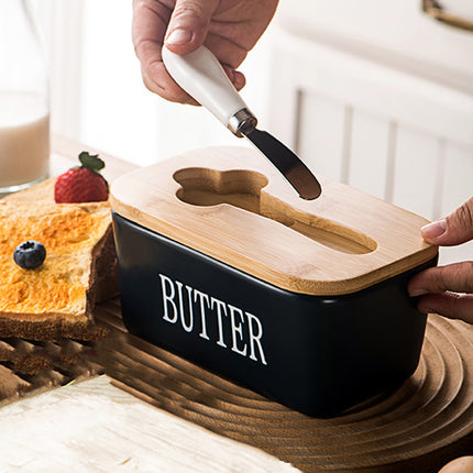 Ceramic Butter Box Basic Model Wooden Lid With Knife Refrigerator Cheese Box
