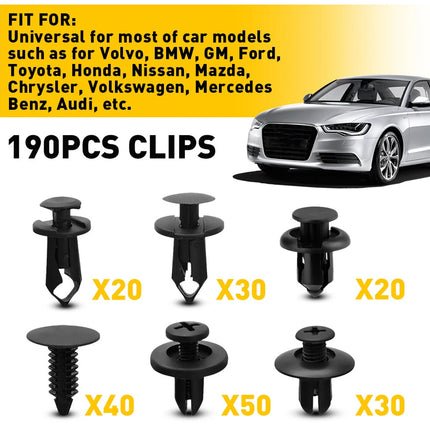 190PCS Plastic Car Fastener 6 Sizes for Auto Body Fender Bumper Trim Accessories