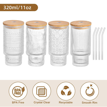 4PCS 11OZ Juice Cup with Lid and Straw Creative Glass Drink Cup for Home Office