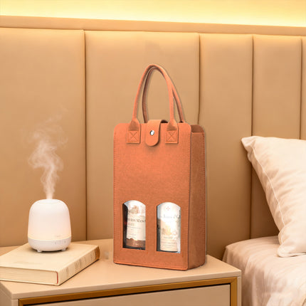 Wine Gift Bag Felt Double Bottle Clear Window Snap Closure Handle Carrier