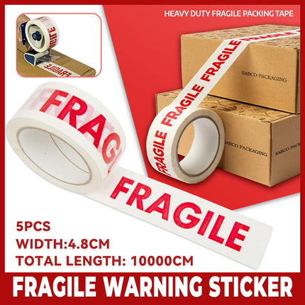 Fragile Warning Tape 5 Rolls 4.8cm x 100m White Red Print for Packing Moving