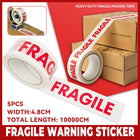 Fragile Warning Tape 5 Rolls 4.8cm x 100m White Red Print for Packing Moving