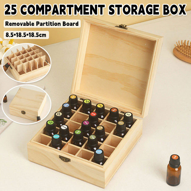 Essential Oil Storage Box Wooden 25 Compartment Organizer Container Bottles Case