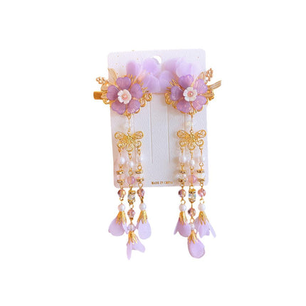 2Pcs Hanfu Flower Hair Clip Pearl Tassel Butterfly Hairpin Female/Children Party - Aimall