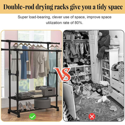 3-Tier Adjustable Height Rolling Clothes Rack Retractable Moveable with Wheels
