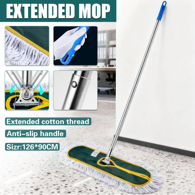 Extended Flat Mop 90cm Head Stainless Steel 126cm Handle 180 Rotating for Floor