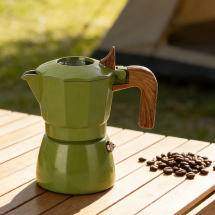 Double Valve Moka Pot Italian Espresso Coffee Maker Aluminium Green Wood Handle