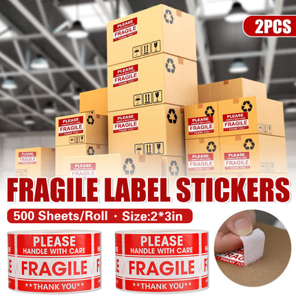 Fragile Warning Label Sticker 2 Rolls 1000PCS 2x3in Red for Shipping Packaging