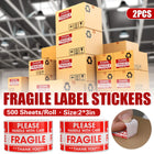Fragile Warning Label Sticker 2 Rolls 1000PCS 2x3in Red for Shipping Packaging