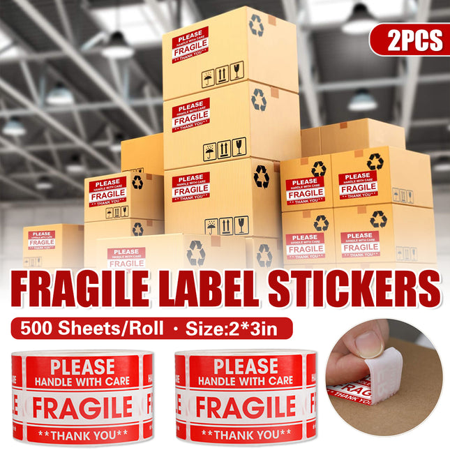 Fragile Warning Label Sticker 2 Rolls 1000PCS 2x3in Red for Shipping Packaging