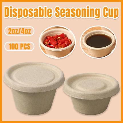 100PCS Biodegradable Pulp Sauce Cups Disposable Condiment Containers with Lids