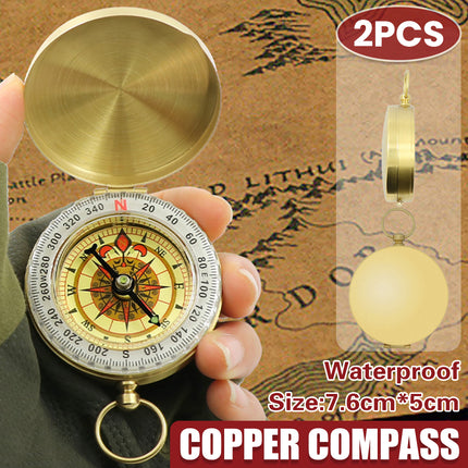 2PCS Copper Compass with Flip Cover and Hook Nightlight Camping Navigation