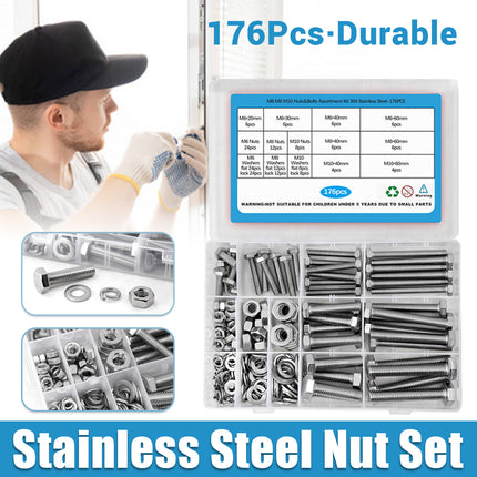 176PCS Stainless Steel Nut Set Silver Hardware Fasteners for Car Home DIY Repair