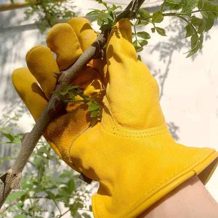Golden Yellow Cowhide Work Gloves Full Finger Gardening DIY Home Maintenance Use