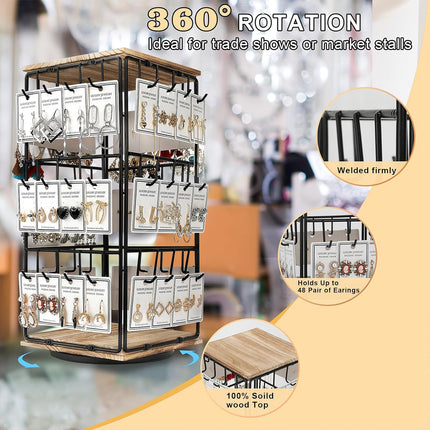 360 Rotation Earring Display Stand Wood Iron Holds 48 Pairs Jewelry Organizer