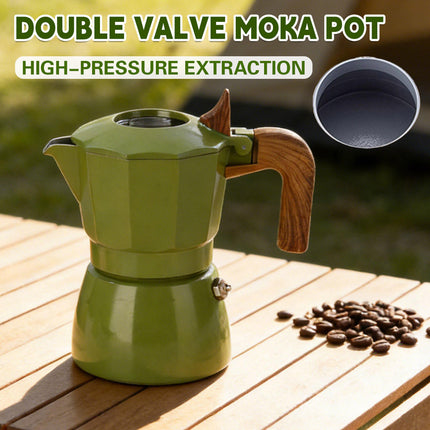 Double Valve Moka Pot Italian Espresso Coffee Maker Aluminium Green Wood Handle