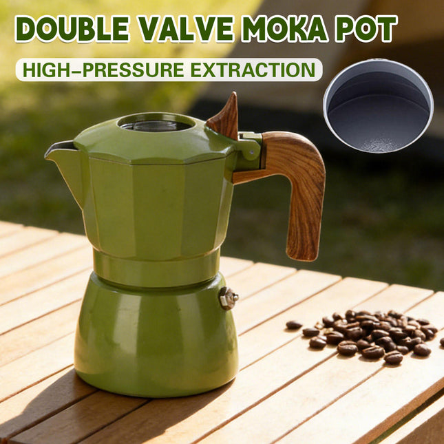 Double Valve Moka Pot Italian Espresso Coffee Maker Aluminium Green Wood Handle