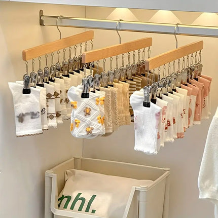 Solid Wood 12 Peg Clip Hanger Socks Tie Scarf Closet Storage Organiser