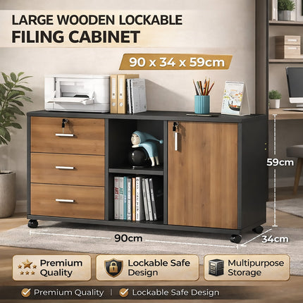 Large Wooden File Cabinet Lockable Office Storage Home Filing Bookcase Storage