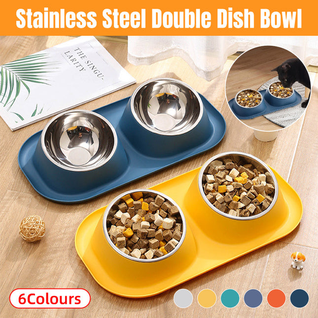 Pet Food Bowls Double Stainless Steel Cat Dog Feeding Bowls Non Slip Easy Clean