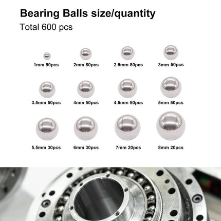 600PCS Stainless Steel Metric Ball Bearing Set Precision Steel Ball for Use DIY