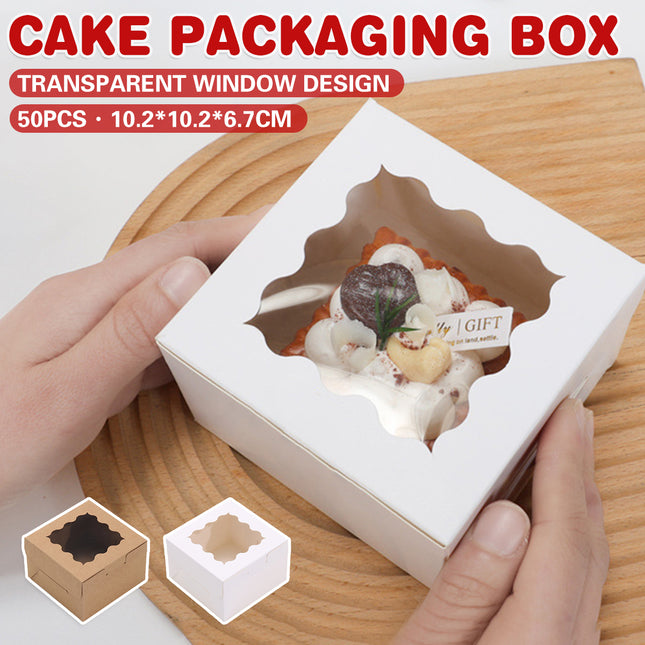 50PCS Cake Packaging Boxes Transparent Window Design 10.2x10.2x6.7cm Durable