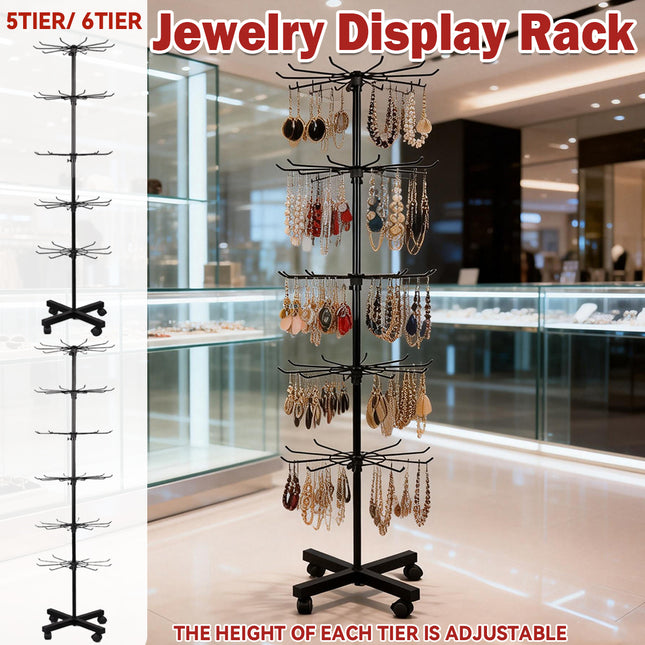 Rotating Jewellery Display Stand 5 6 Tier Metal Rack With Wheels Adjustable