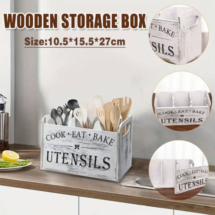 Wooden Rustic Cutlery Organizer Kitchen Utensil Holder Storage Caddy With Handle