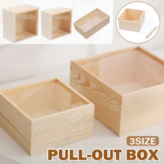 Solid Wood Storage Box with Acrylic Sliding Lid Pull Out Gift Packaging Case