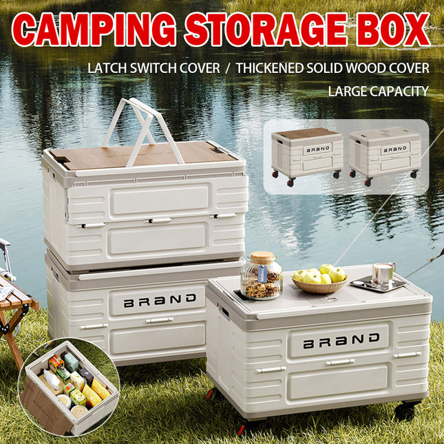 Camping Foldable Storage Box Latch or Wooden Lid Car Boot Tent Outdoor Organiser