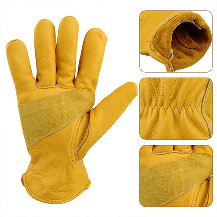 Golden Yellow Cowhide Work Gloves Full Finger Gardening DIY Home Maintenance Use