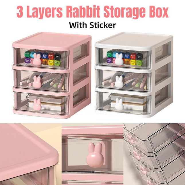 3 Layer Bunny Desktop Organizer Transparent Drawer Storage Box for Home Office