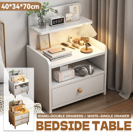 Minimalist Bedside Table 40cm White 1 Drawer or Khaki 2 Drawer with Open Shelf