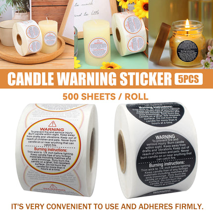 5 Rolls Candle Warning Stickers 38mm Round Labels 2500 Pack Black White