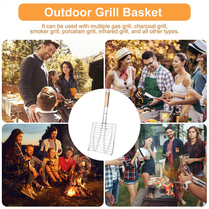 Barbecue Net Clamp Iron Wire Mesh with Wooden Handle for Camping Grill