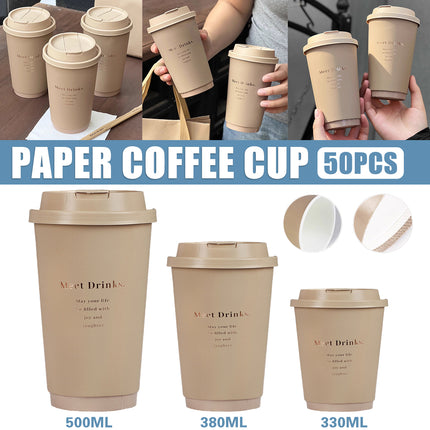 50PCS Coffee Paper Cups with Lids 330/380/500ml Disposable Takeaway Hot Drink