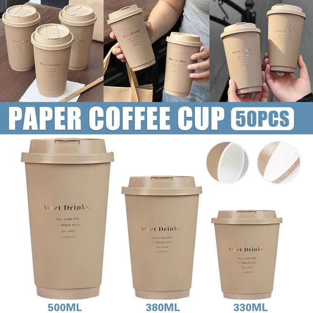 50PCS Coffee Paper Cups with Lids 330/380/500ml Disposable Takeaway Hot Drink