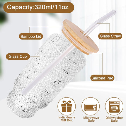 4PCS 11OZ Juice Cup with Lid and Straw Creative Glass Drink Cup for Home Office