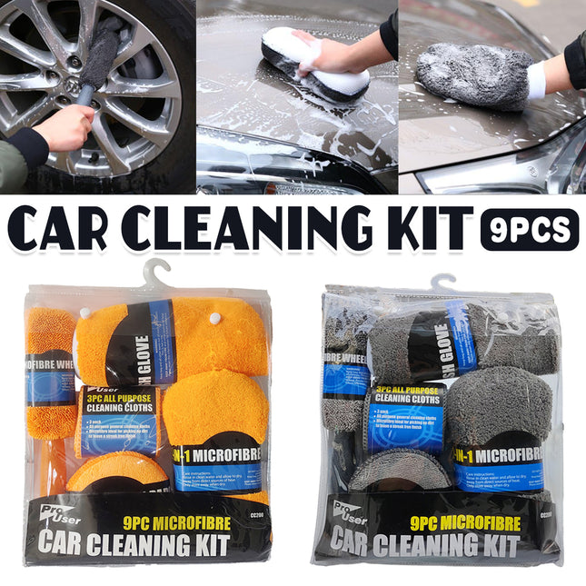 9PCS Car Cleaning Kit Microfiber Towel Wax Sponge Wheel Brush Gloves Set Use