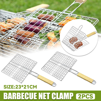 2PCS Iron Barbecue Net Clamp with Wooden Handle Durable for Outdoor Cooking Use