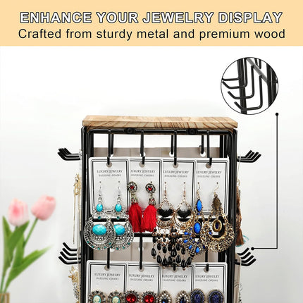 360 Rotation Earring Display Stand Wood Iron Holds 48 Pairs Jewelry Organizer
