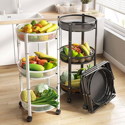 Foldable 3 Tier Rolling Cart Metal Vegetable Storage Basket Organizer Trolley