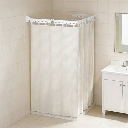 Shower Curtain Set Hidden Foldable Rod No Drill White Curtain Wet Dry Separation
