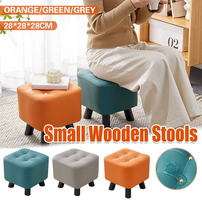 Small Upholstered Stool Square Ottoman Wood Legs Waterproof Leather Footrest